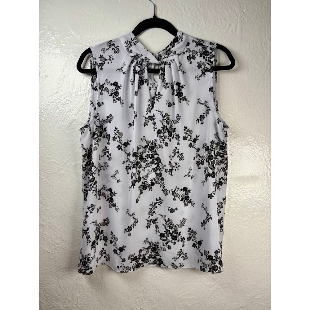 Sleeveless Floral Blouse Large White Black High Neck Cottagecore Office Brunch